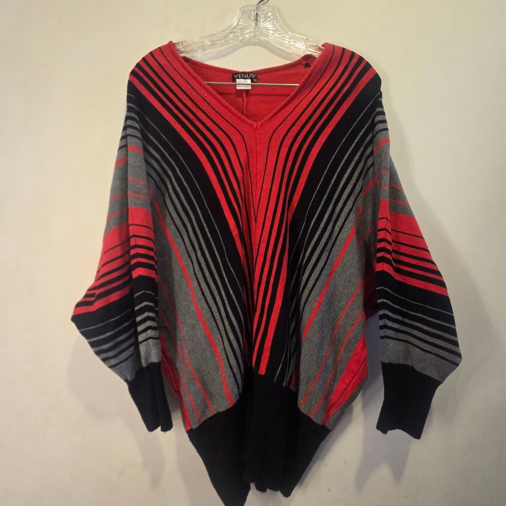 Women's VENUS Red Black Gray Stripe V Neck Size Medium Valentines